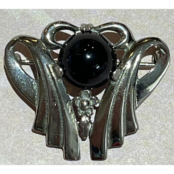 Vintage Brooch/Pin Sterling Victorian Goth Black Onyx Floral Art Deco Design - Picture 4 of 9